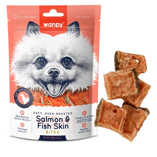 Wanpy Soft Salmon & Fish Skin Bites - лакомство для собак, мягкие кусочки лосося