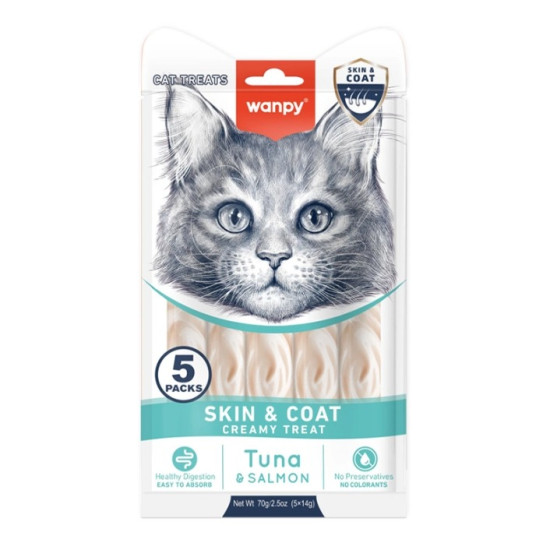 Wanpy Functional Creamy Lickable Treat Skin&Coat - лакомство для кошек, для кожи и шерсти, крем с тунцом и лососем