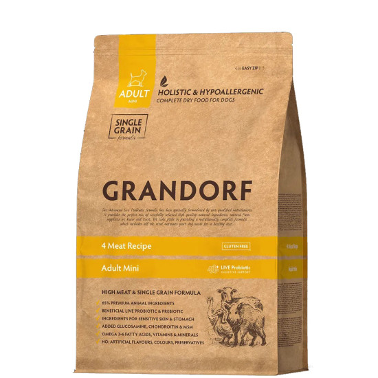 Grandorf Dog 4 Meat & Turkey Mini (Грандорф) - дорослі собаки дрібних порід, з ягням, індичкою, качкою та кабаном