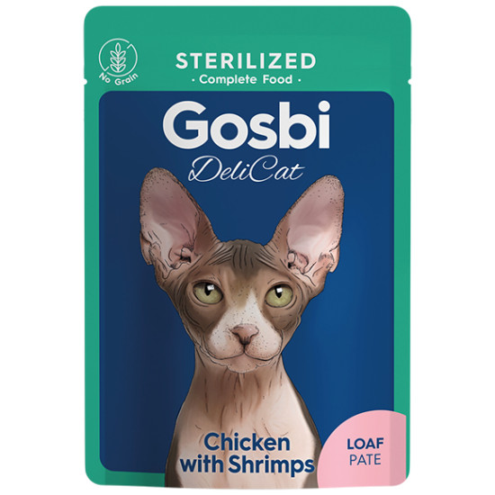Gosbi DeliCat (Госбі Делікет) - консервований корм для стерилізованих котів, з куркою та креветками, паштет
