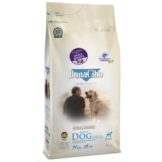 BonaCibo Adult Dog Small Breed Chicken & Rice with Anchovy (Бонасібо Смол Брід)  - дорослі собаки дрібних порід, з куркою та анчоусами