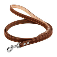 Collar - поводок для собак кожаный одинарный с прошивкой, коричневый