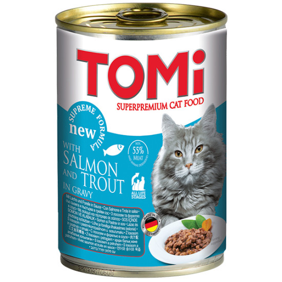 Tomi - консервований корм для котів, з лососем та індичкою, шматочки в соусі