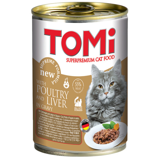 Tomi - консервований корм для котів, з качкою та печінкою, шматочки в соусі