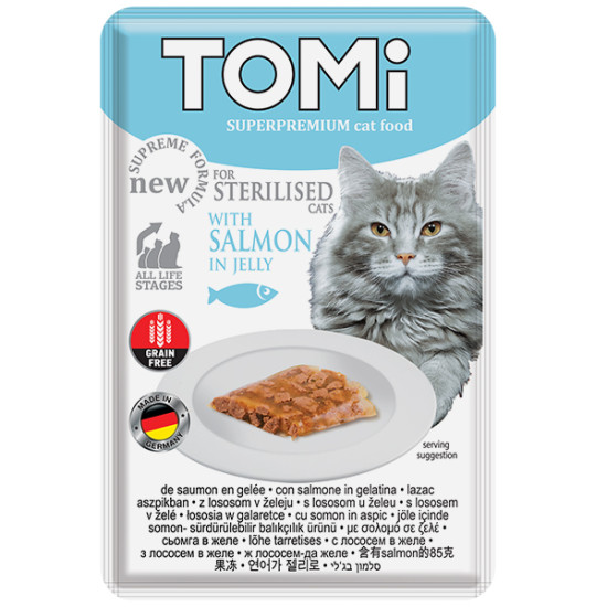 Tomi - консервований корм для котів, з лососем, шматочки у желе