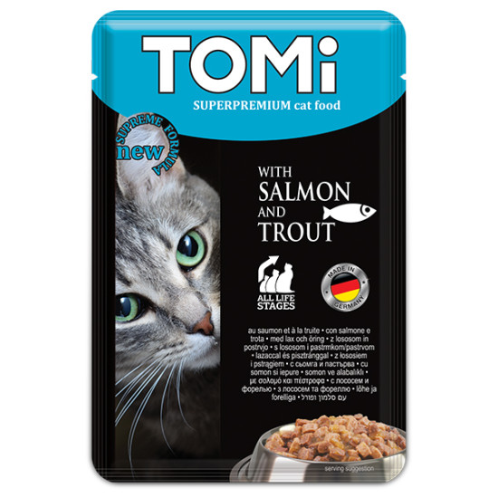 Tomi - консервований корм для котів, з лососем та фореллю, шматочки в соусі