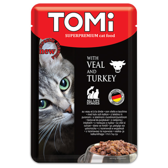 Tomi - консервований корм для котів, з яловичиною та індичкою, шматочки в соусі