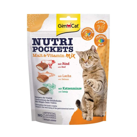 GimCat Nutri Pockets - ласощі для котів, мультивітамінний мікс, з яловичиною, лососем та котячою мятою