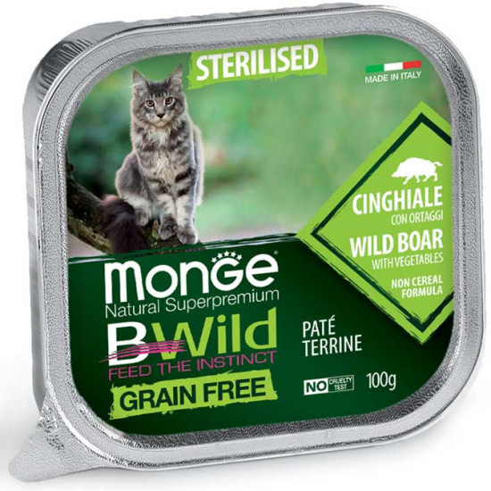 Monge Cat Wet Bwild Grain Free Sterilised Wild Boar (Монж БиВайлд) - консервированный корм для стерилизованных кошек, с диким кабаном, паштет