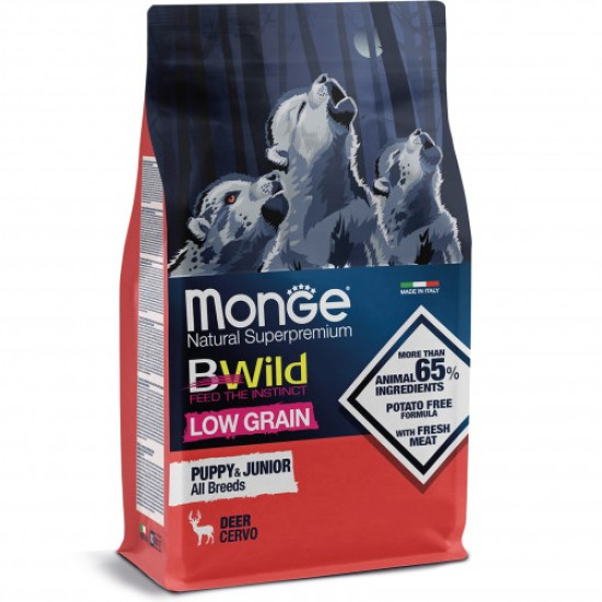 Monge BWild Low Grain Dry Puppy & Junior (Монж БіВайлд) - цуценята всіх порід, з олениною