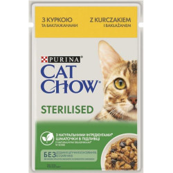Cat Chow Sterilised (Кет Чау) - консервированный корм стерилизованных для кошек, с курицей и баклажанами, кусочки в желе