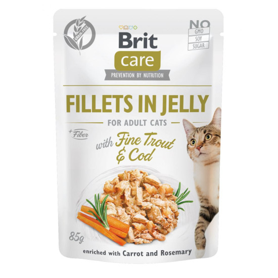 Brit Care Fillets (Брит Кеир) - консервированный корм для кошек, с треской и форелью, кусочки в желе