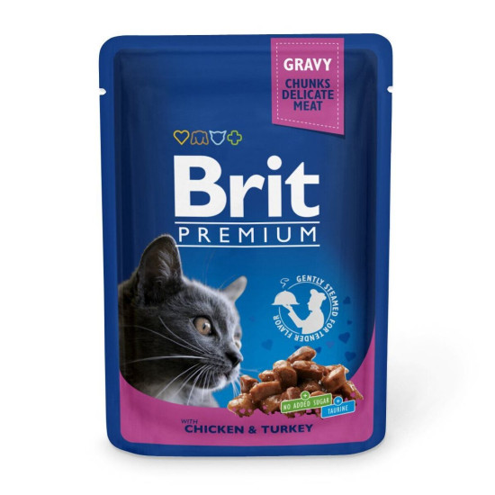 Brit Premium - консервований корм для котів, з індичкою та куркою, шматочки в соусі
